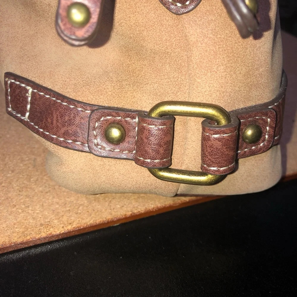 BOC SuedeLeather HandbagPurse BrownTan 2 Zip Openings No Shoulder Strap - Picture 8 of 11